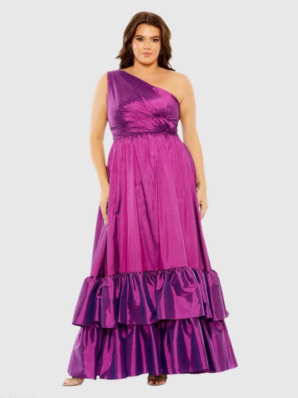 MAC DUGGAL Size 20W Purple 68527 One Shoulder Asymmetrical Ruffle Hem Gown Dress